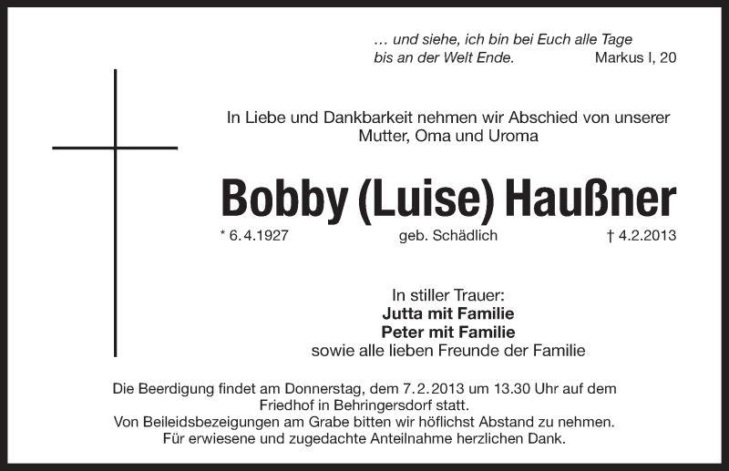  Traueranzeige für Luise Haußner vom 06.02.2013 aus Pegnitz-Zeitung